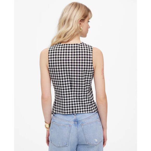 Madewell Single-Breasted Crewneck Vest Sz 4 Black White Gingham Wool Blend Lined - Picture 2 of 10
